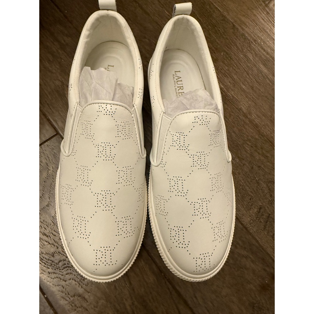 Lauren Ralph Lauren Hadley Sneaker Womens 8.5 White Perforated Monogram Leather